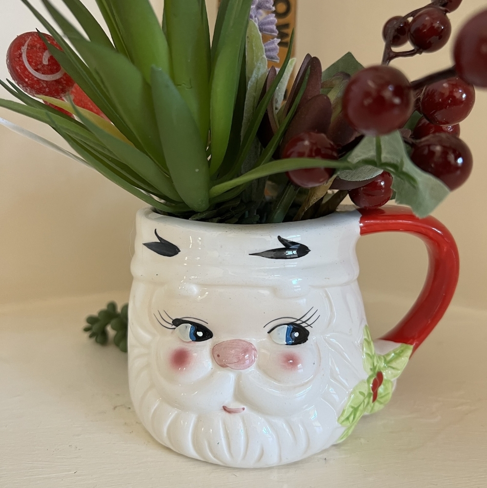 Vintage Santa Mug With Faux Holiday Succulents